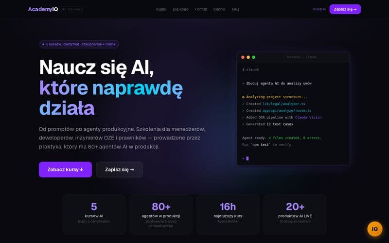 Screenshot strony AcademyIQ — Szkoła AI agentów
