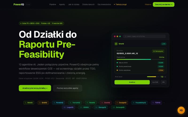 Screenshot strony PowerIQ / EnergyIQ — OZE i energia