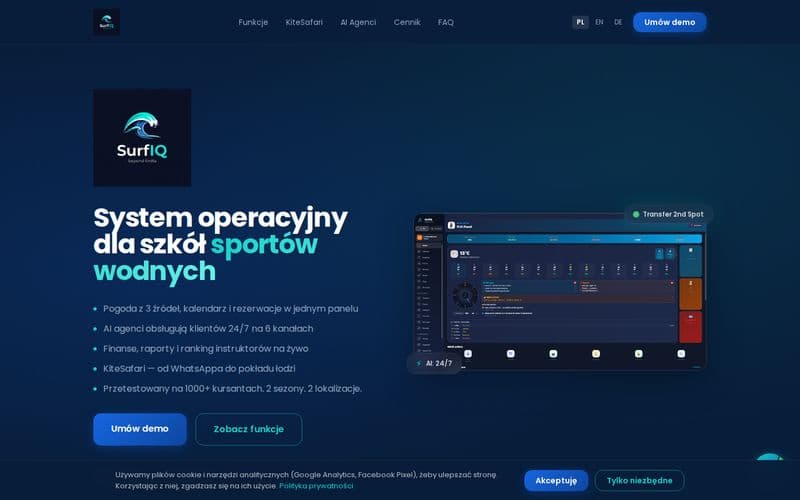 Screenshot strony SurfIQ — SaaS dla szkół surfingu